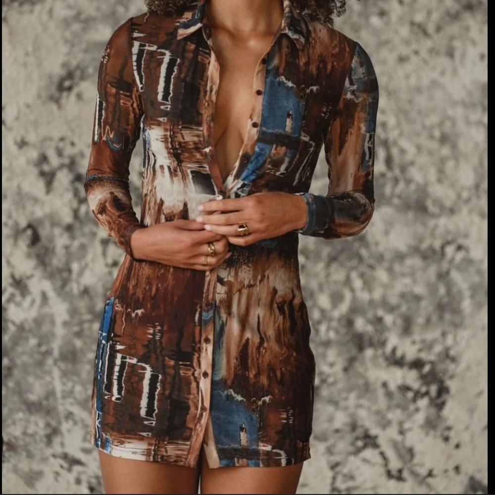 Brown Button-Up Mesh Dress